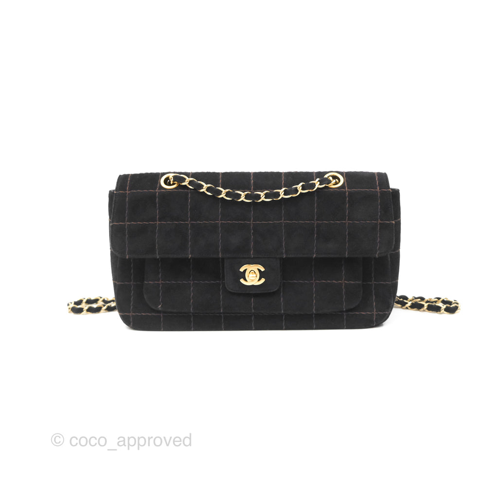 Chanel Chocolate Bar Flap Black Suede Blushed Gold Hardware