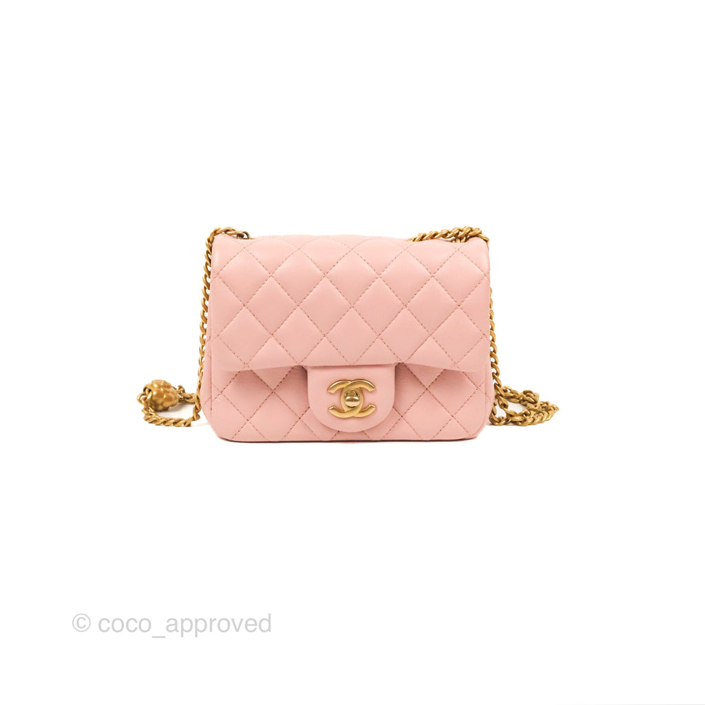 Chanel Quilted Mini Square Flap with Camellia Adjustable Chain Pink Clair Lambskin 23S