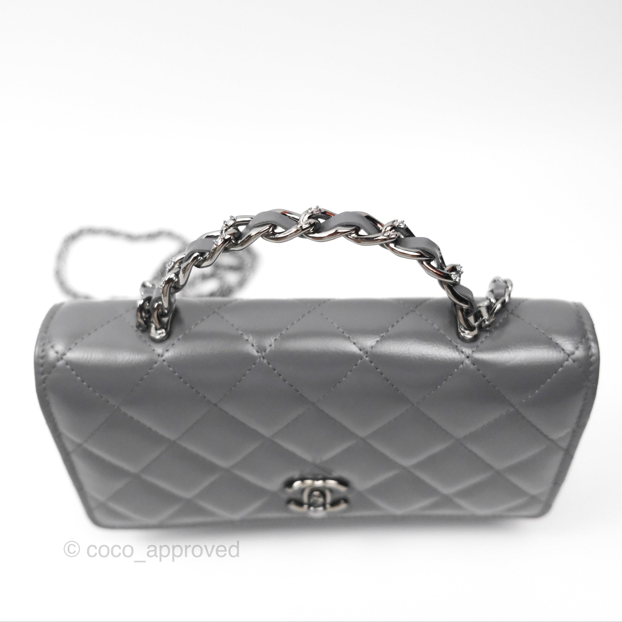 Chanel Top Handle Wallet On Chain WOC Dark Grey Calfskin Gun Metal 