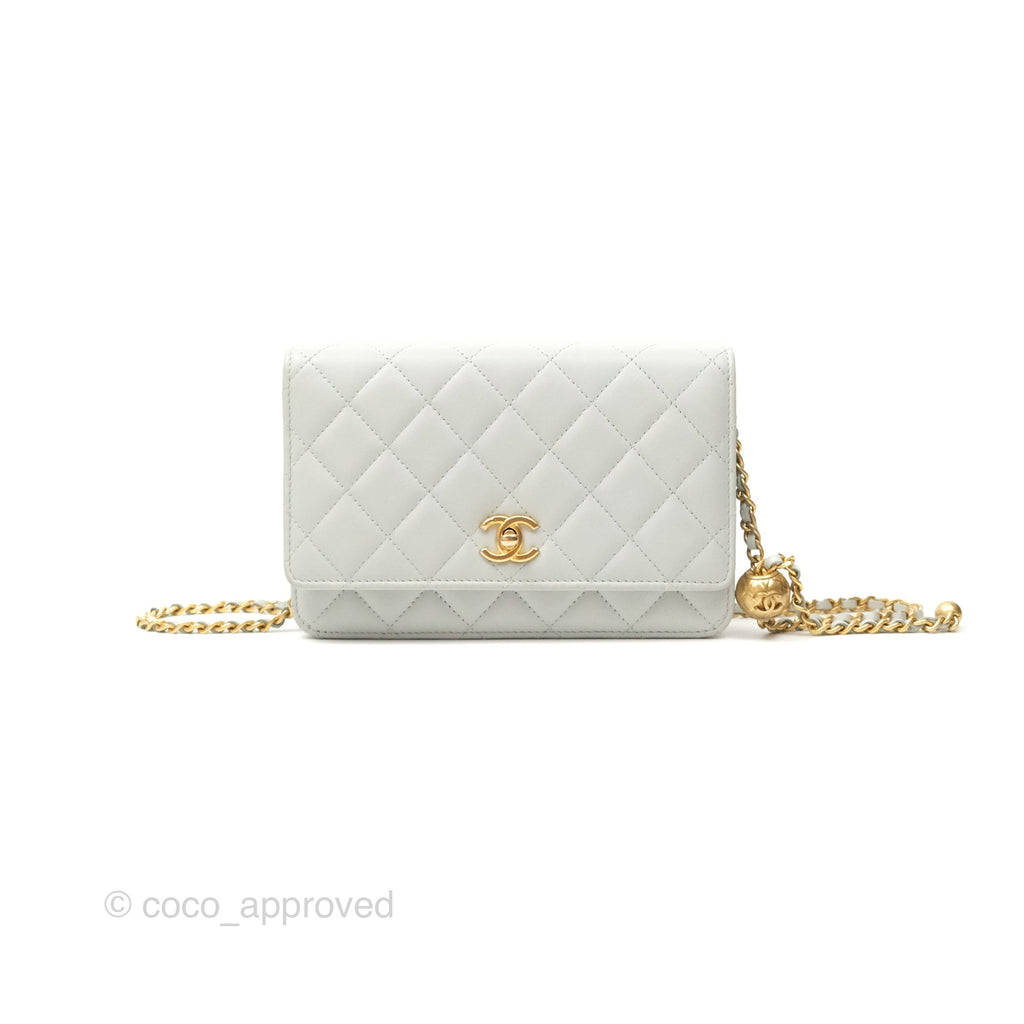 Chanel Pearl Crush Quilted Wallet on Chain WOC Light Blue Grey Lambskin Aged Gold Hardware