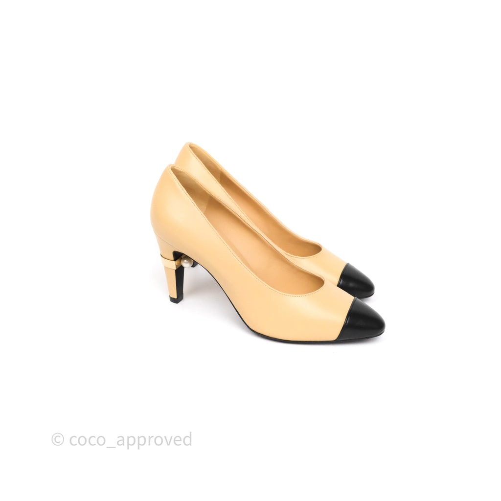 Chanel Beige Toe Pointed Black Pump Heels With Pearl Size 36.5C