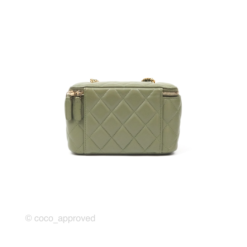 Chanel Pearl Crush Vanity With Chain Olive Green Lambskin Aged Gold Hardware