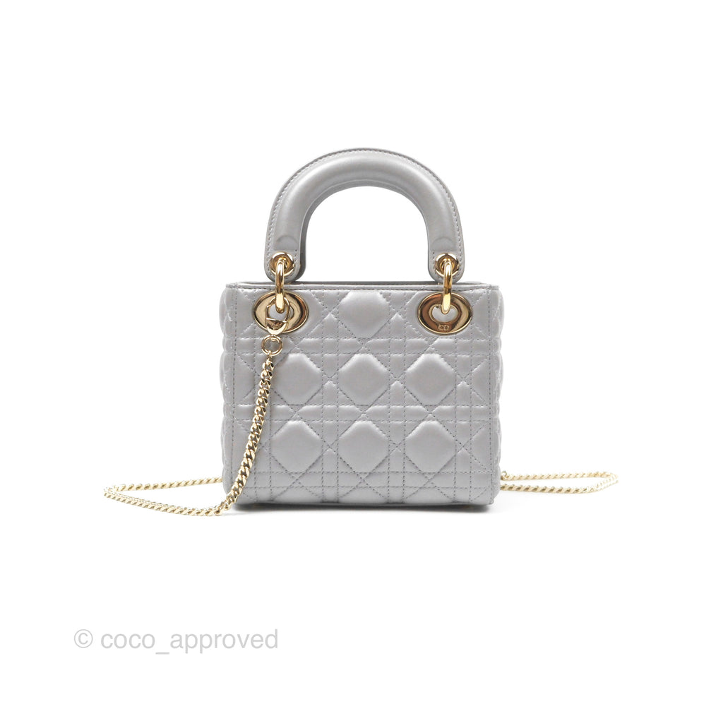 Christian Dior Lambskin Cannage Mini Lady Dior Grey Gold Hardware