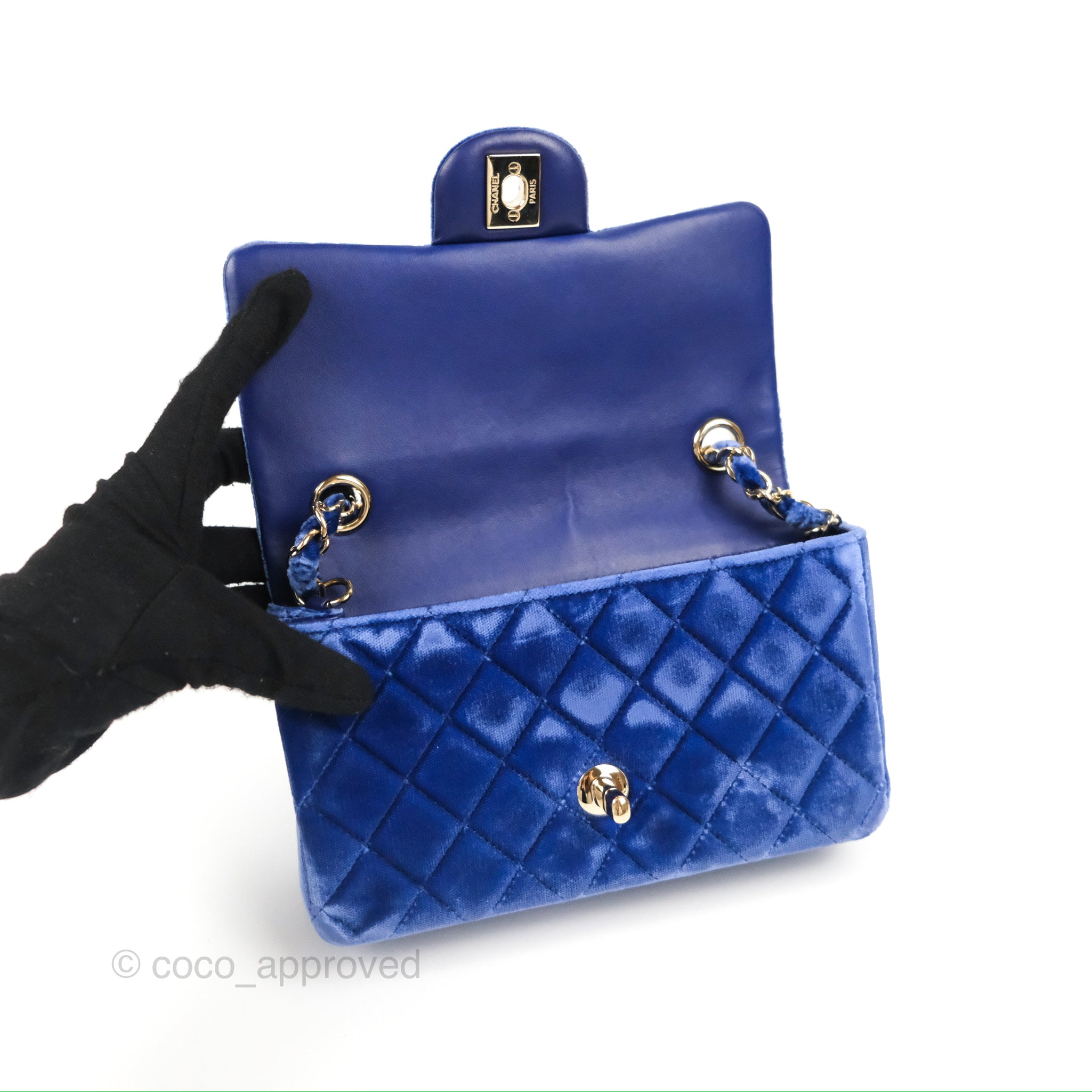 Chanel Quilted Mini Rectangular Flap Navy Patent Leather Gold