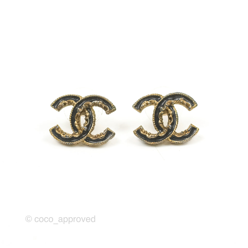 Chanel CC Black Earrings Gold Tone 13K