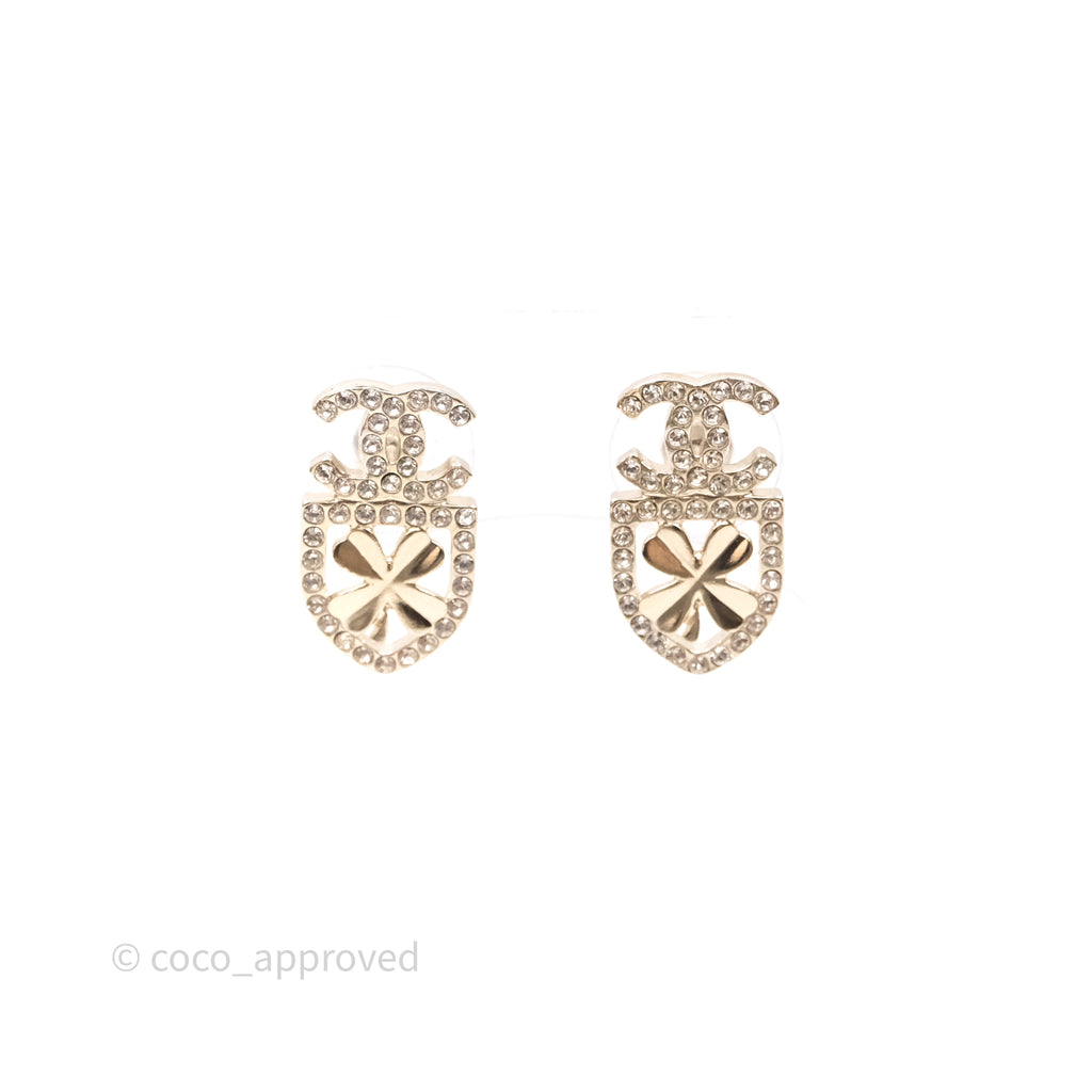 Chanel Crystal CC Clover Earrings Gold Tone 20B