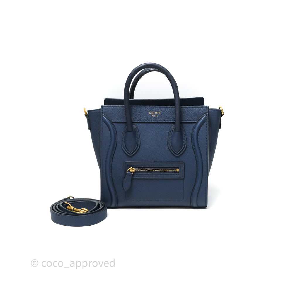 Celine Nano Luggage Handbag Navy Grained Calfskin Gold Hardware