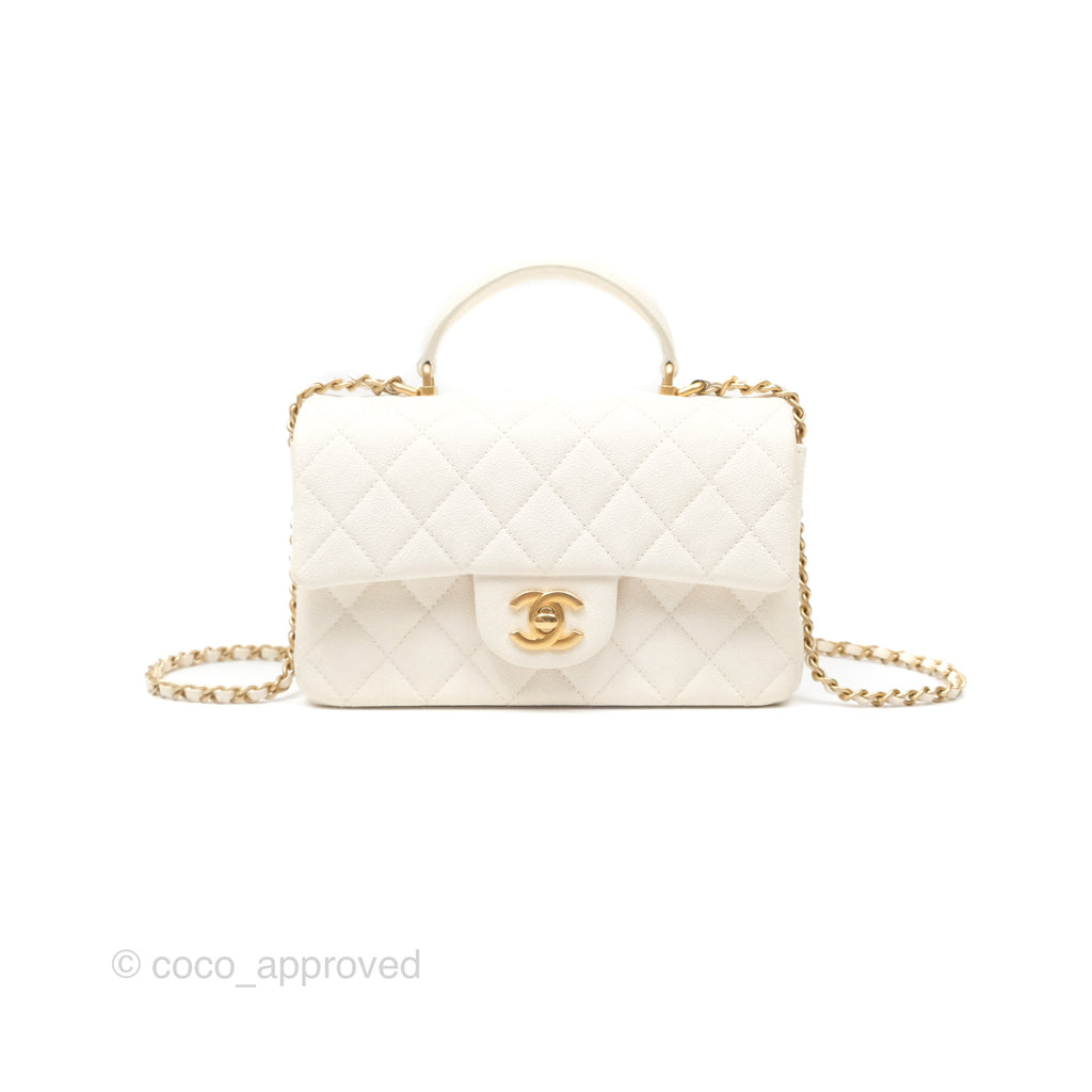 Chanel Top Handle Mini Rectangular Flap Bag White Caviar Aged Gold Hardware