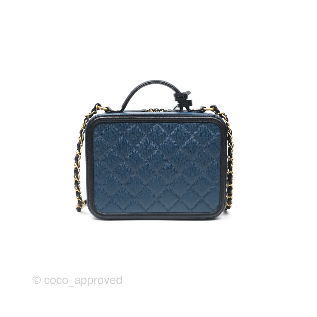 Chanel Quilted Medium CC Filigree Vanity Case Navy Black Caviar Aged Gold Hardware