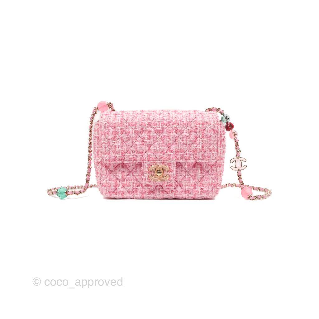 Chanel Flap Bag with Heart Resin Charm Chain Pink Tweed Gold Hardware