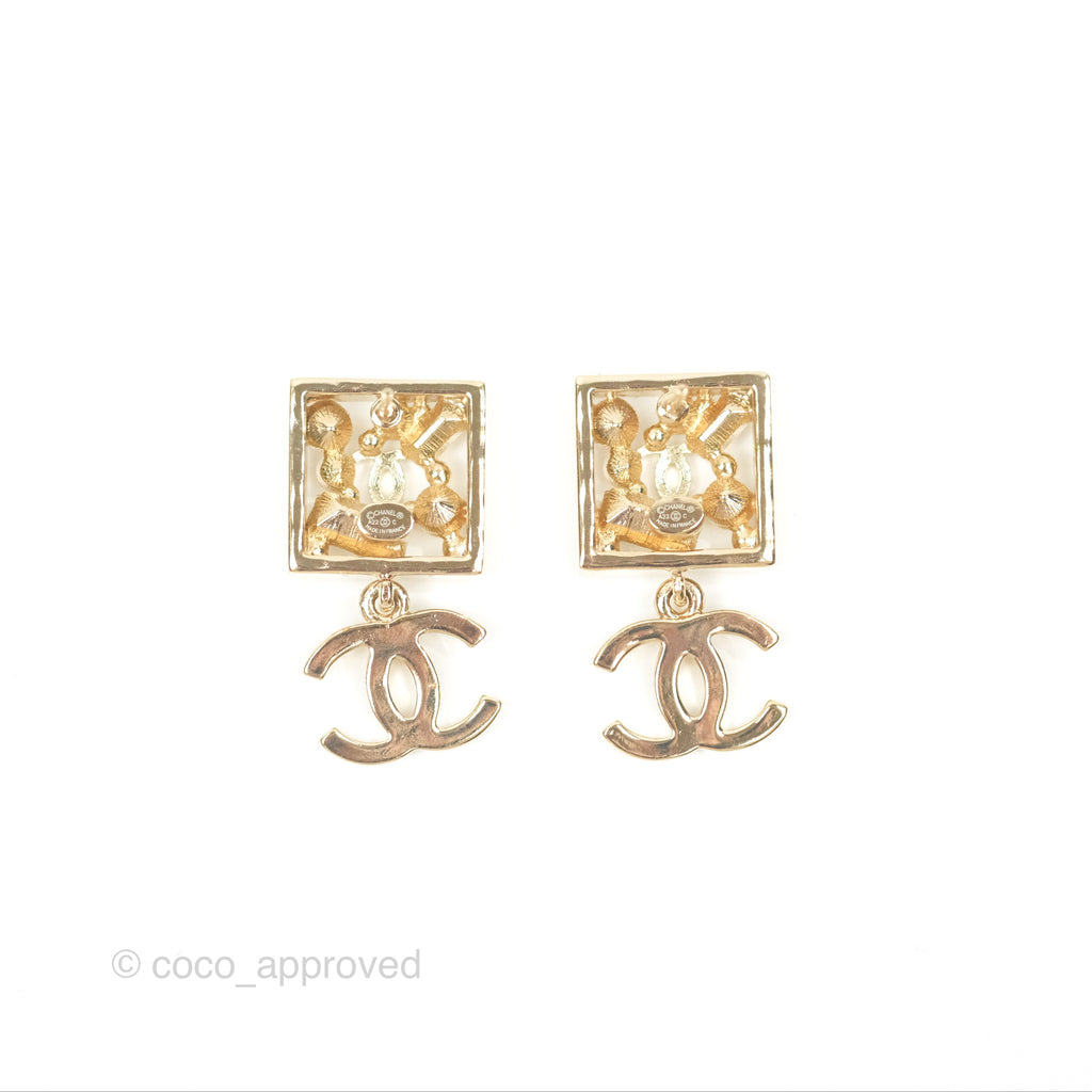 Chanel Square Crystal Pearl CC Drop Earrings Gold Tone 22C
