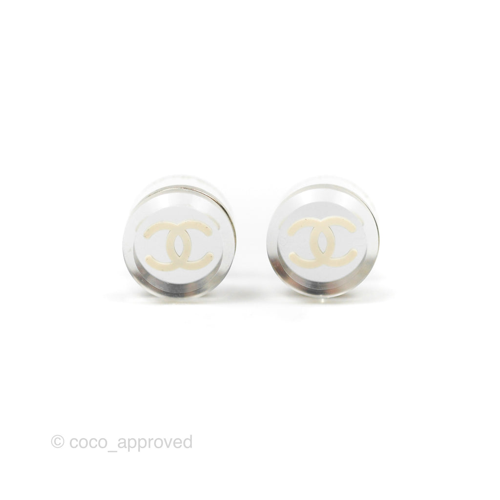Chanel CC Resin Round Earrings White/ Silver Tone 05V