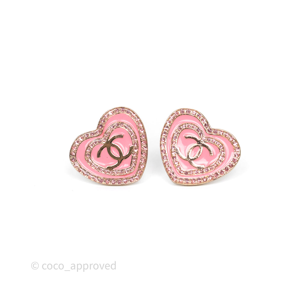 Chanel CC Heart Earrings Pink Crystals Gold Tone 24S