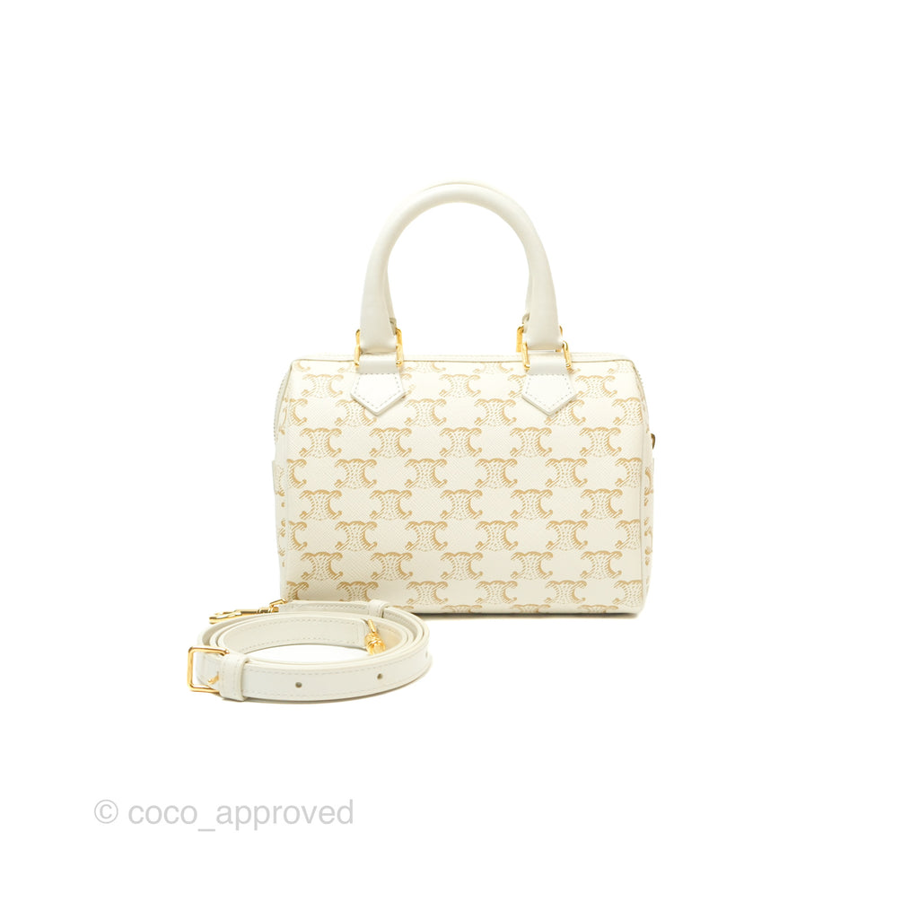 Celine Small Triomphe Canvas Boston Bag White Calfskin