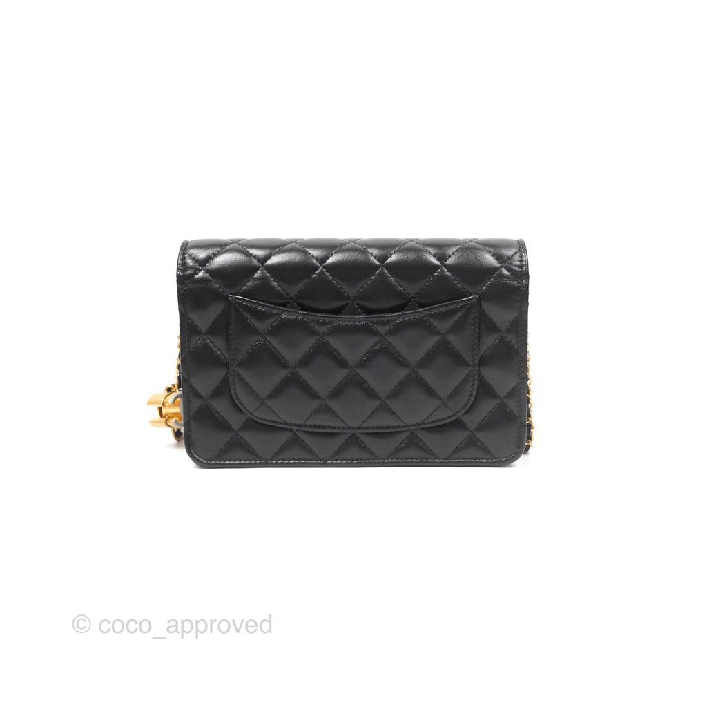 Chanel Quilted WOC Adjustable Chain Black Shiny Lambskin Aged Gold Hardware