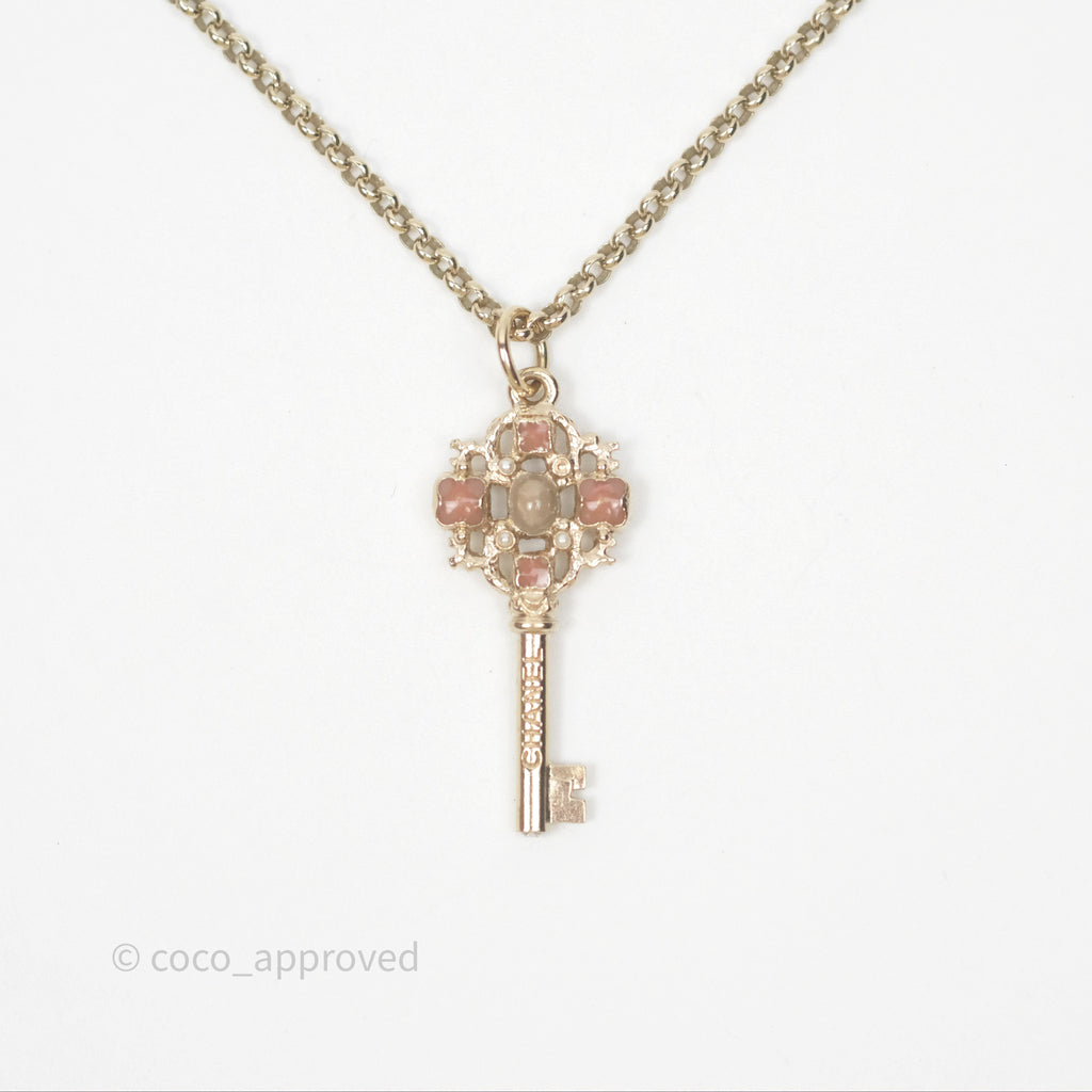 Chanel Pink CC Keys Pendant Necklace Gold Tone 17A