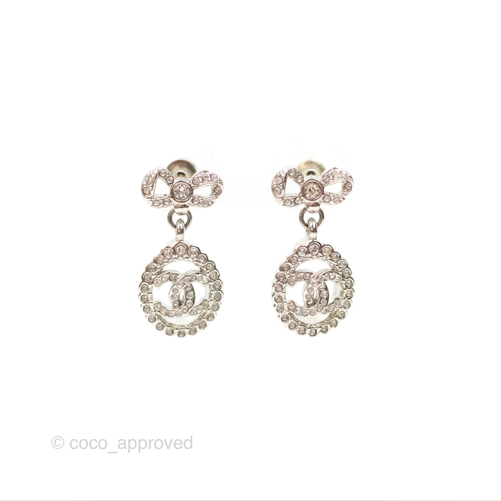 Chanel Crystal CC Bow Knot Drop Earrings Silver Tone 22B