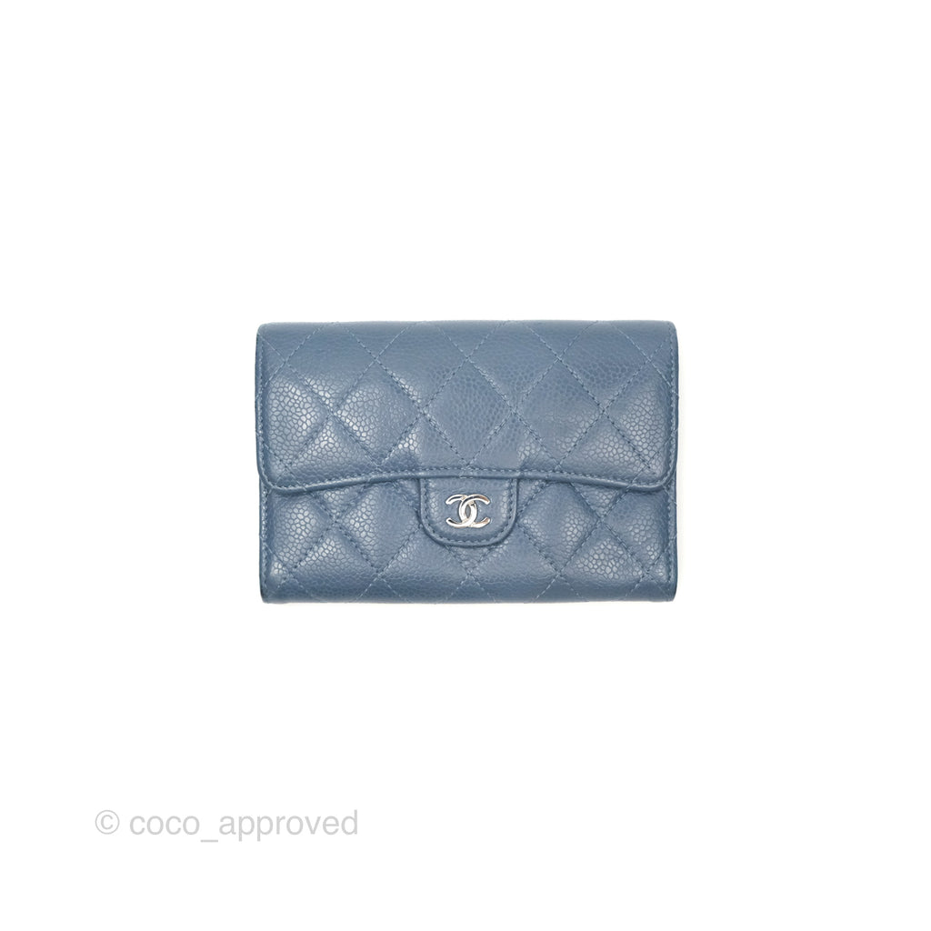 Chanel Quilted Small Flap Wallet Grey Blue Caviar Silver Hardware