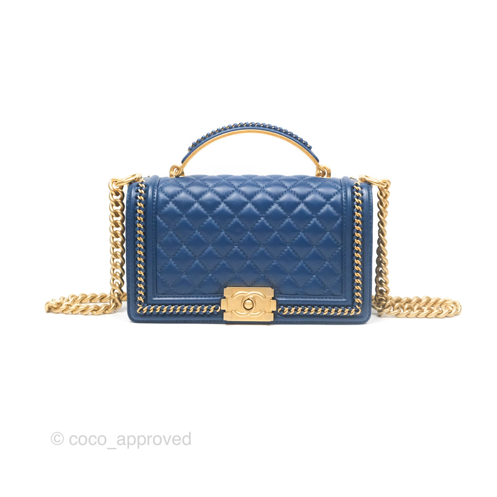 Chanel Quilted Medium Boy With Handle Dark Blue Calfskin Aged Gold Hardware