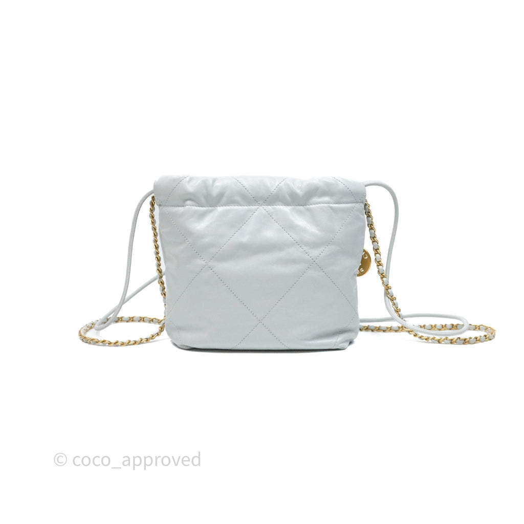 Chanel 22 Mini Bag Blue Grey Shiny Crumpled Calfskin Aged Gold Hardware