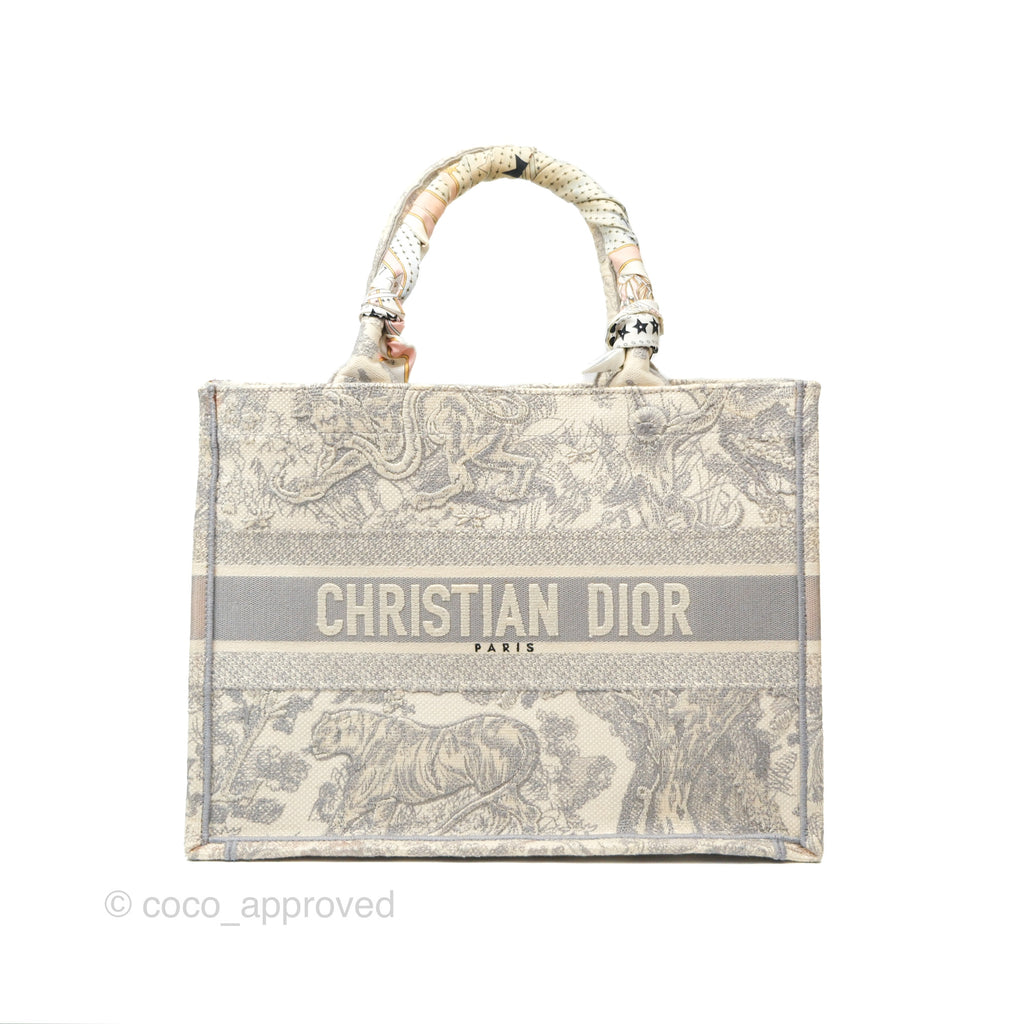Christian Dior Medium (Old Small) Book Tote Embroidered Toile De Jouy Light Grey Canvas