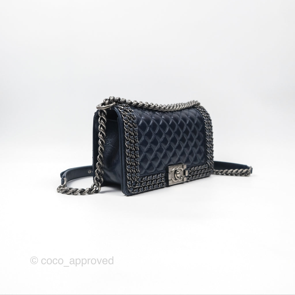 Chanel Medium Chain Edge Boy Quilted Navy Aged Glazed Calfskin Ruthenium Hardware