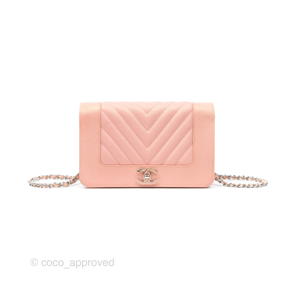 Chanel Mademoiselle Wallet On Chain WOC Chevron Iridescent Pink Caviar Silver Hardware