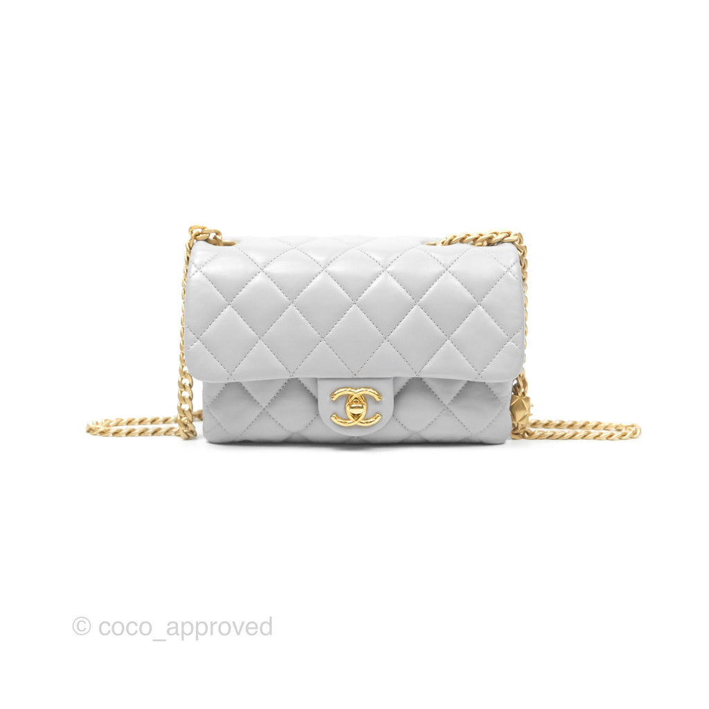 Chanel Small All Slide Adjustable Chain Flap Bag Light Grey Lambskin Aged Gold Hardware