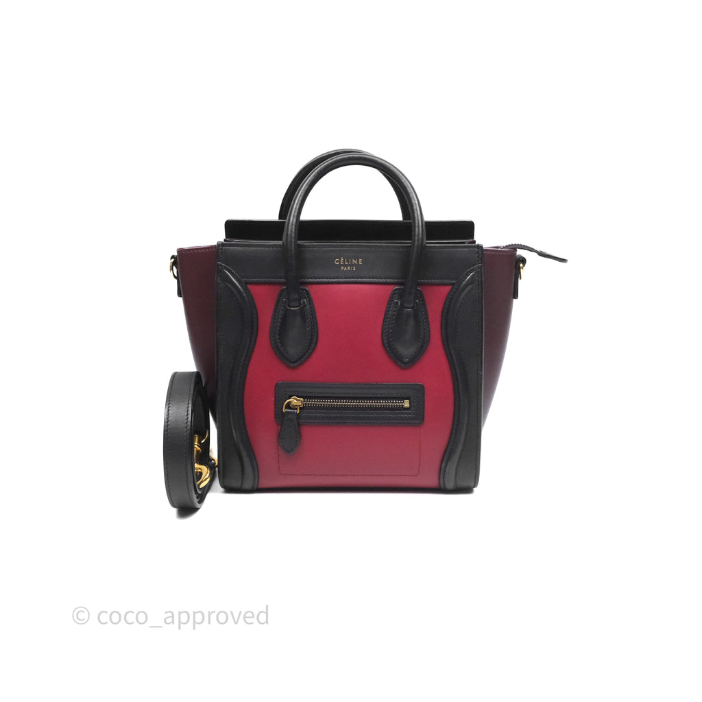 Celine Nano Luggage Satin Calfskin Gold Hardware Red/ Dark Brown