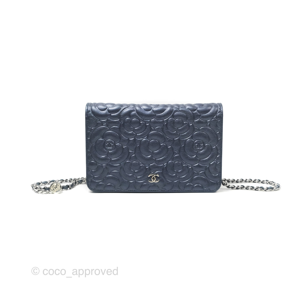Chanel Camellia Wallet on Chain WOC Iridescent Navy Calfskin Silver Hardware