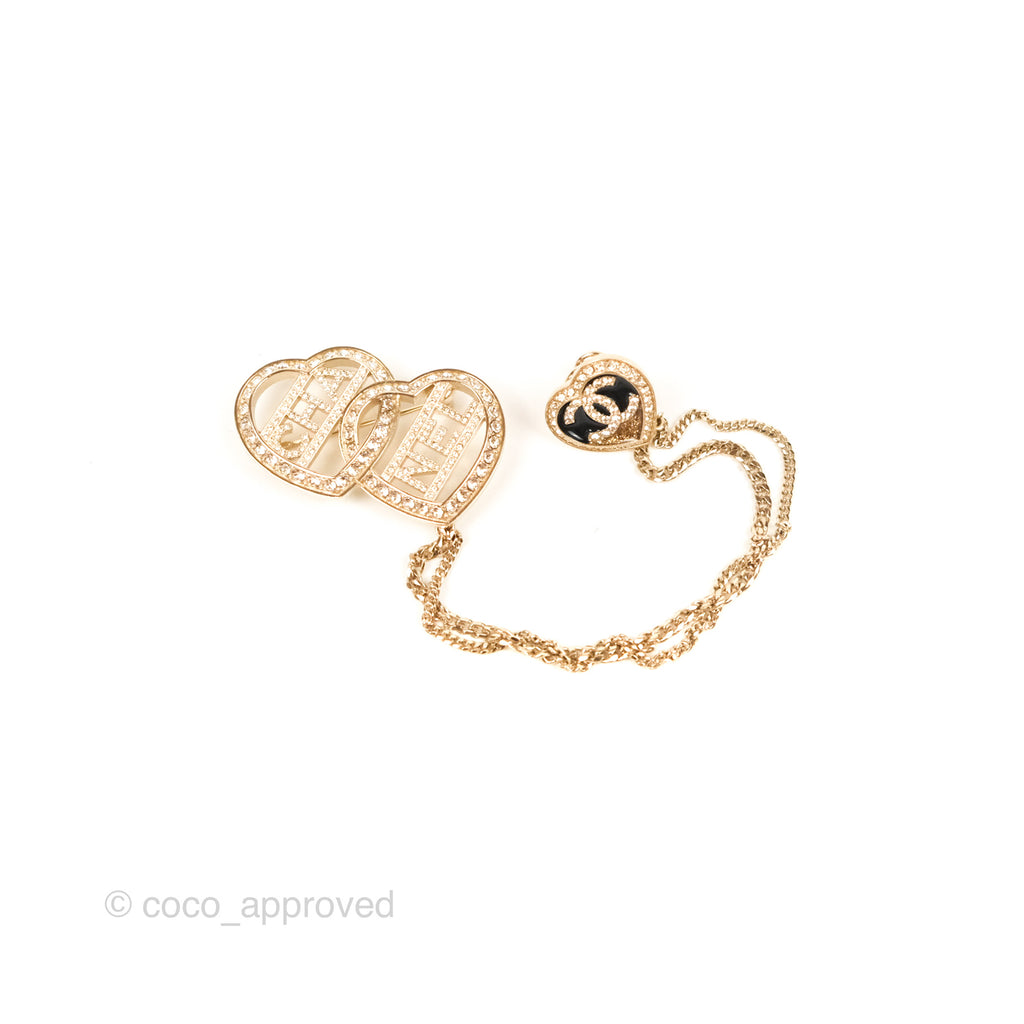 Chanel Black and Ivory Crystal Jeweled CC Heart Brooch - Yoogi's Closet