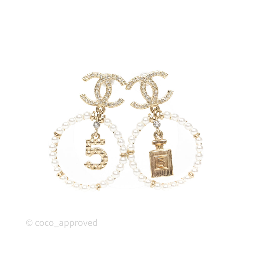 Chanel Crystals CC Drop Pearl Round No5 Perfume Bottle Earrings 20V