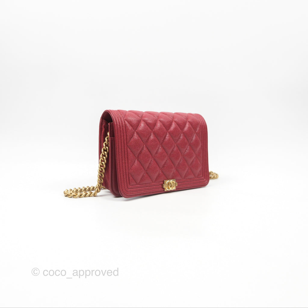 Chanel Quilted Boy Wallet on Chain WOC Red Caviar Aged Gold Hardware