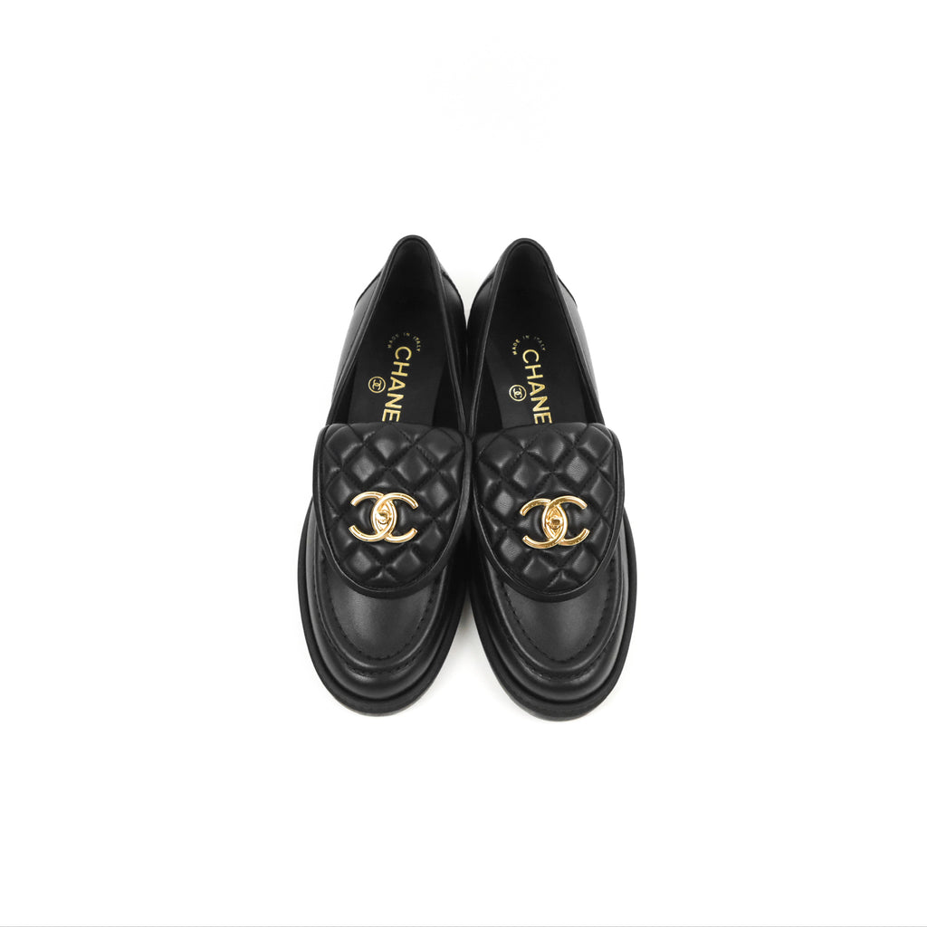 Chanel CC Turnlock Loafers Quilted Black Calfskin Gold Hardware Size 37.5