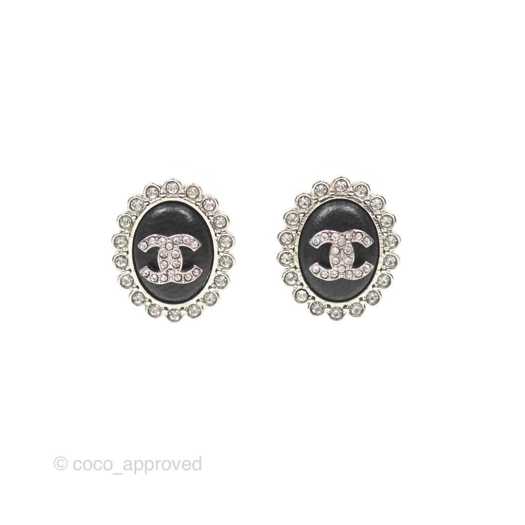 Chanel Black Crystal CC Earrings Silver Tone 22B