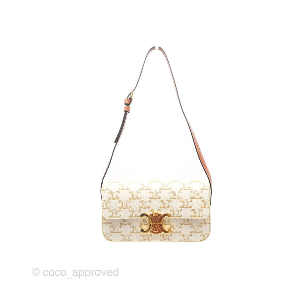 Celine Triomphe Shoulder Bag White Calfskin Triomphe Canvas