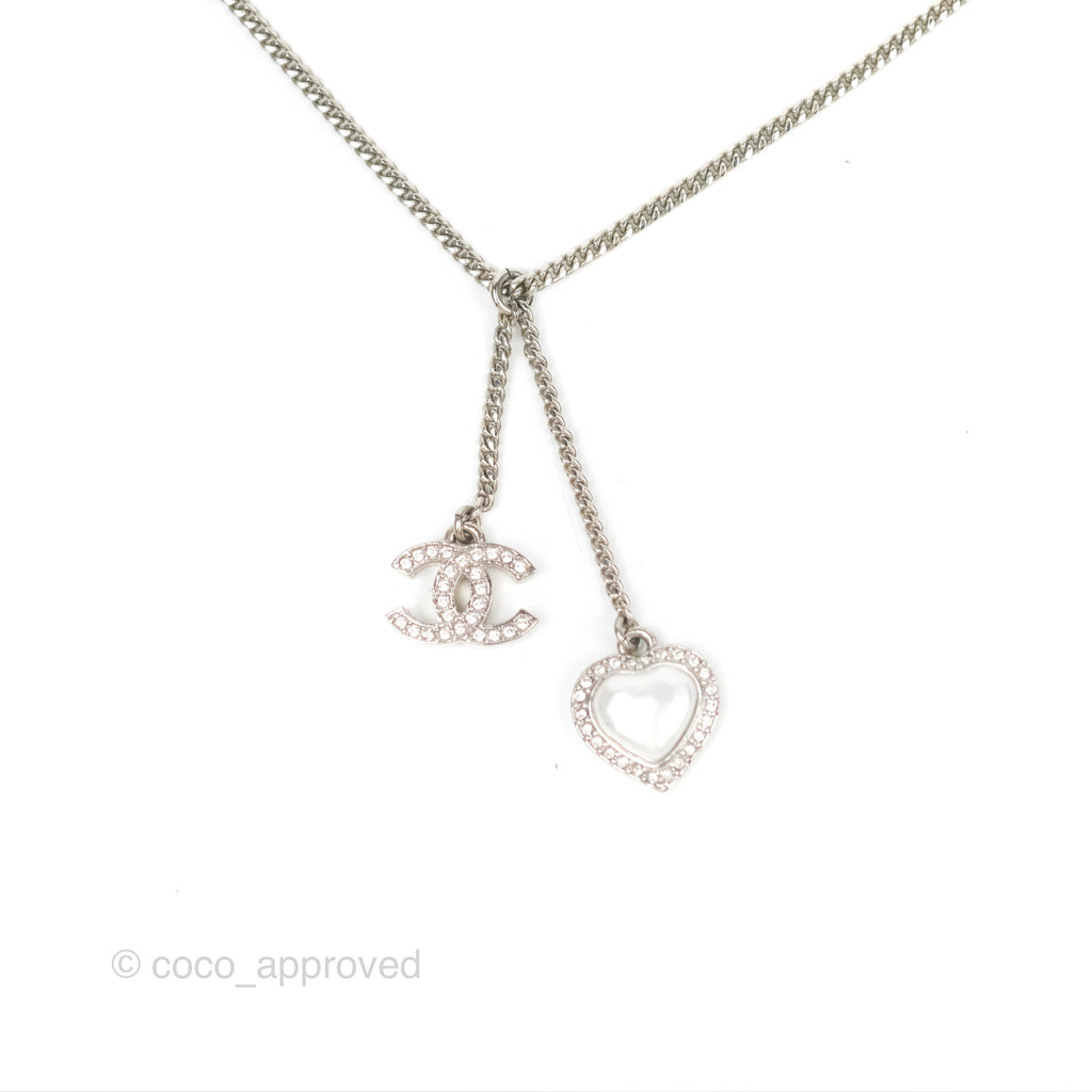 Chanel Pearl Heart Crystal CC Pendant Necklace Silver Tone 23B