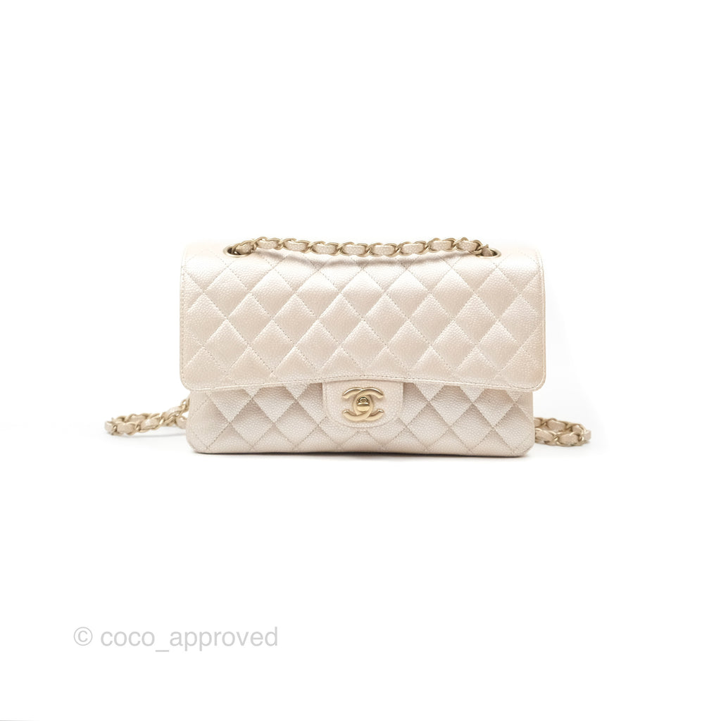 Chanel Classic M/L Medium Flap Quilted Pearly Pale Pink Caviar Matte Gold Hardware