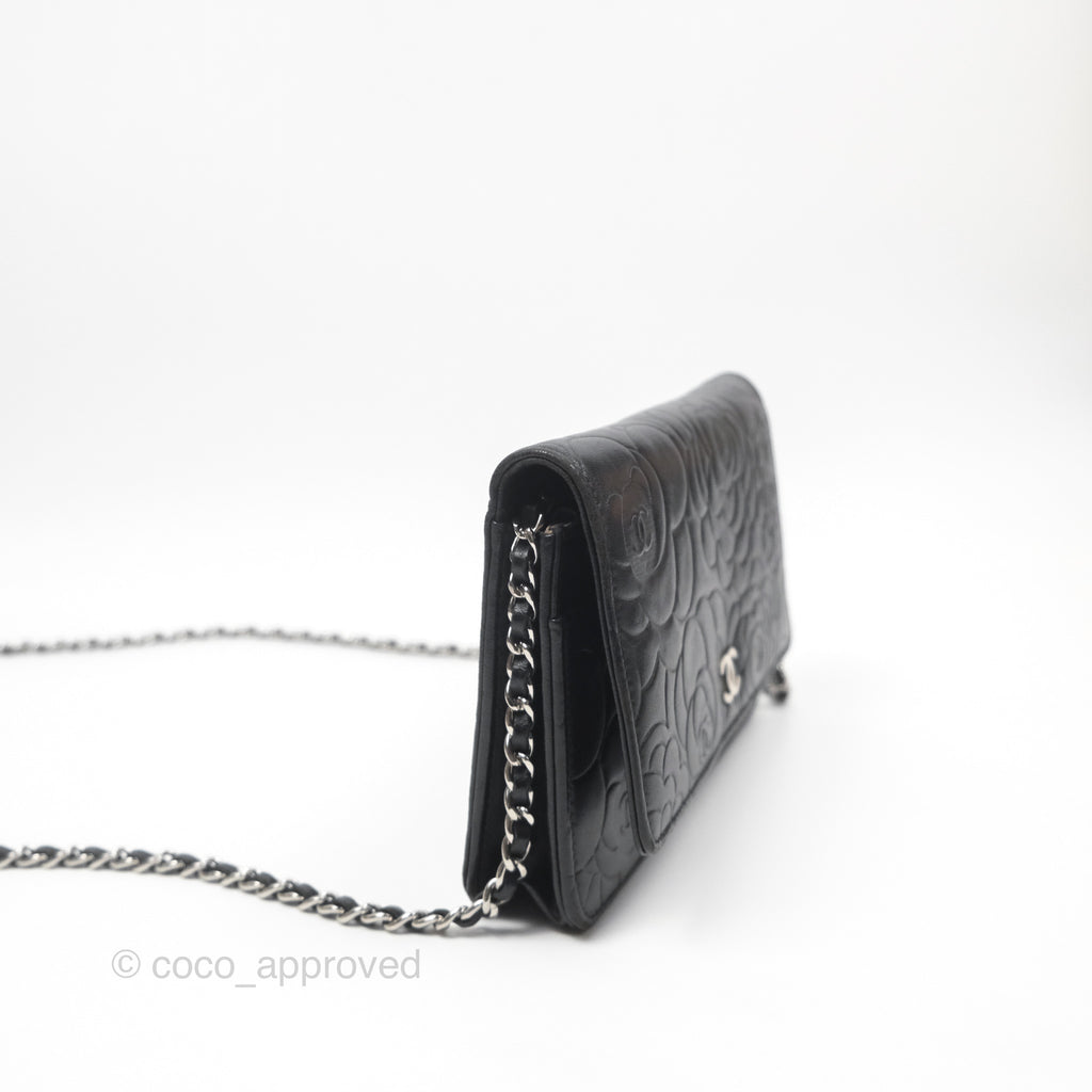 Chanel Camellia Embossed Wallet on Chain WOC Black Lambskin Silver Hardware