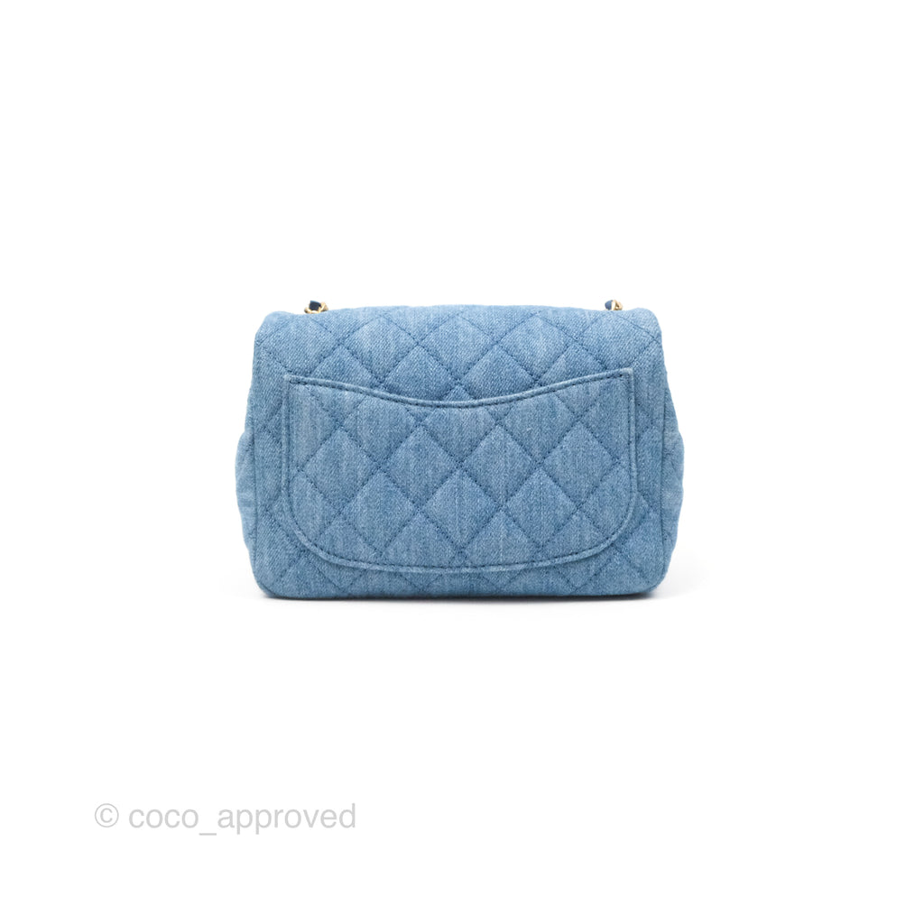 Chanel Mini Square Pearl Crush Quilted Denim Aged Gold Hardware