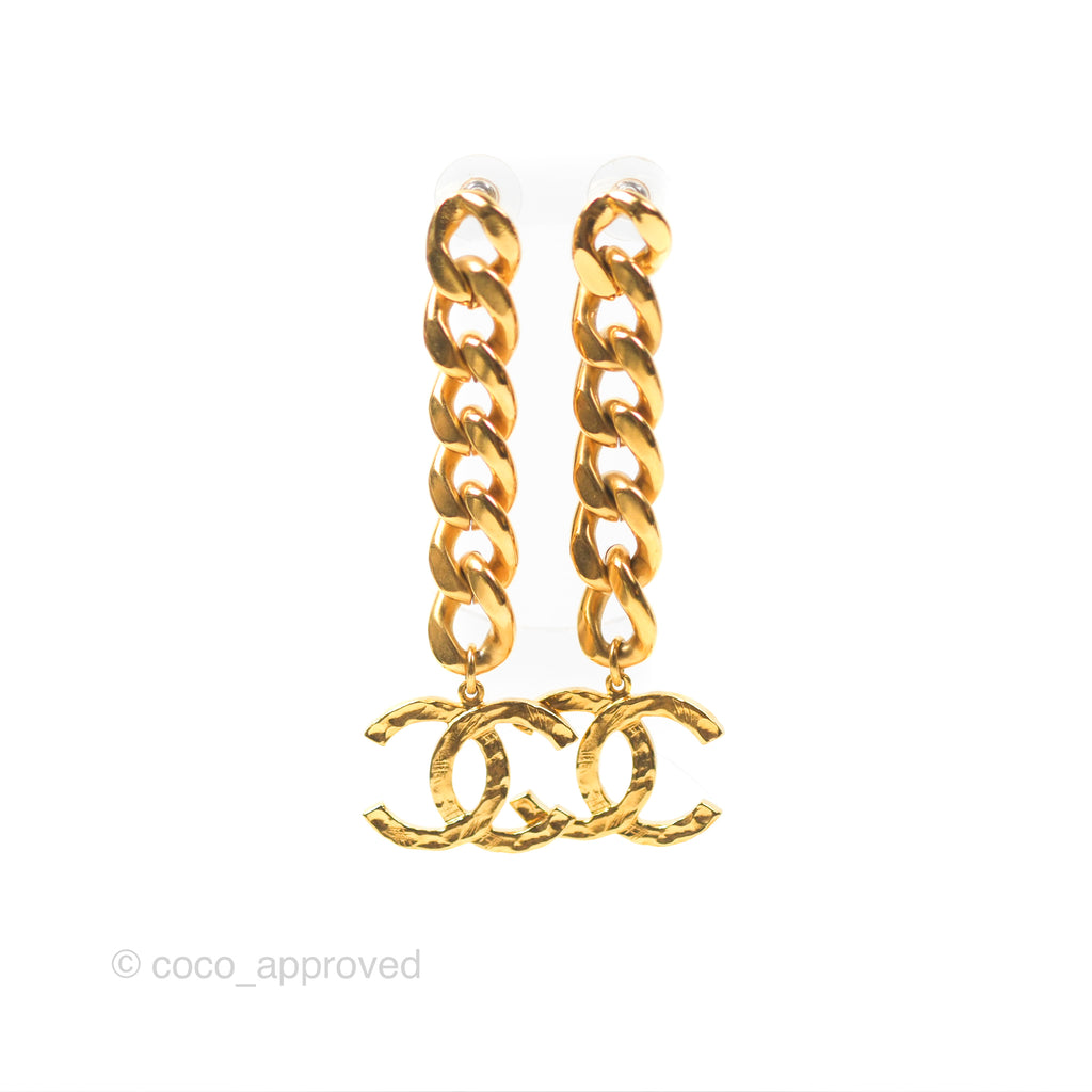 Chanel Chain CC Long Drop Earrings Gold Tone 20P