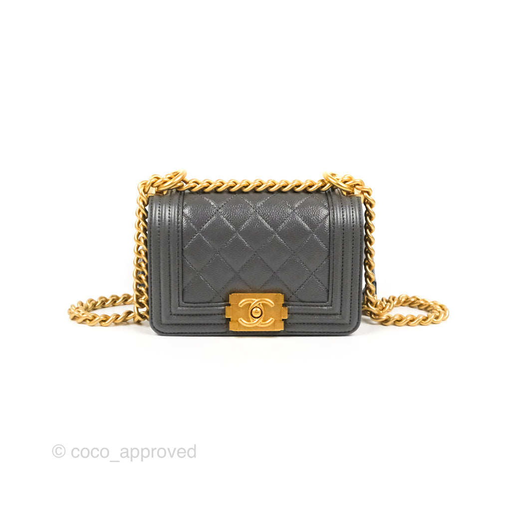 Chanel Mini Boy Dark Grey Caviar Aged Gold Hardware