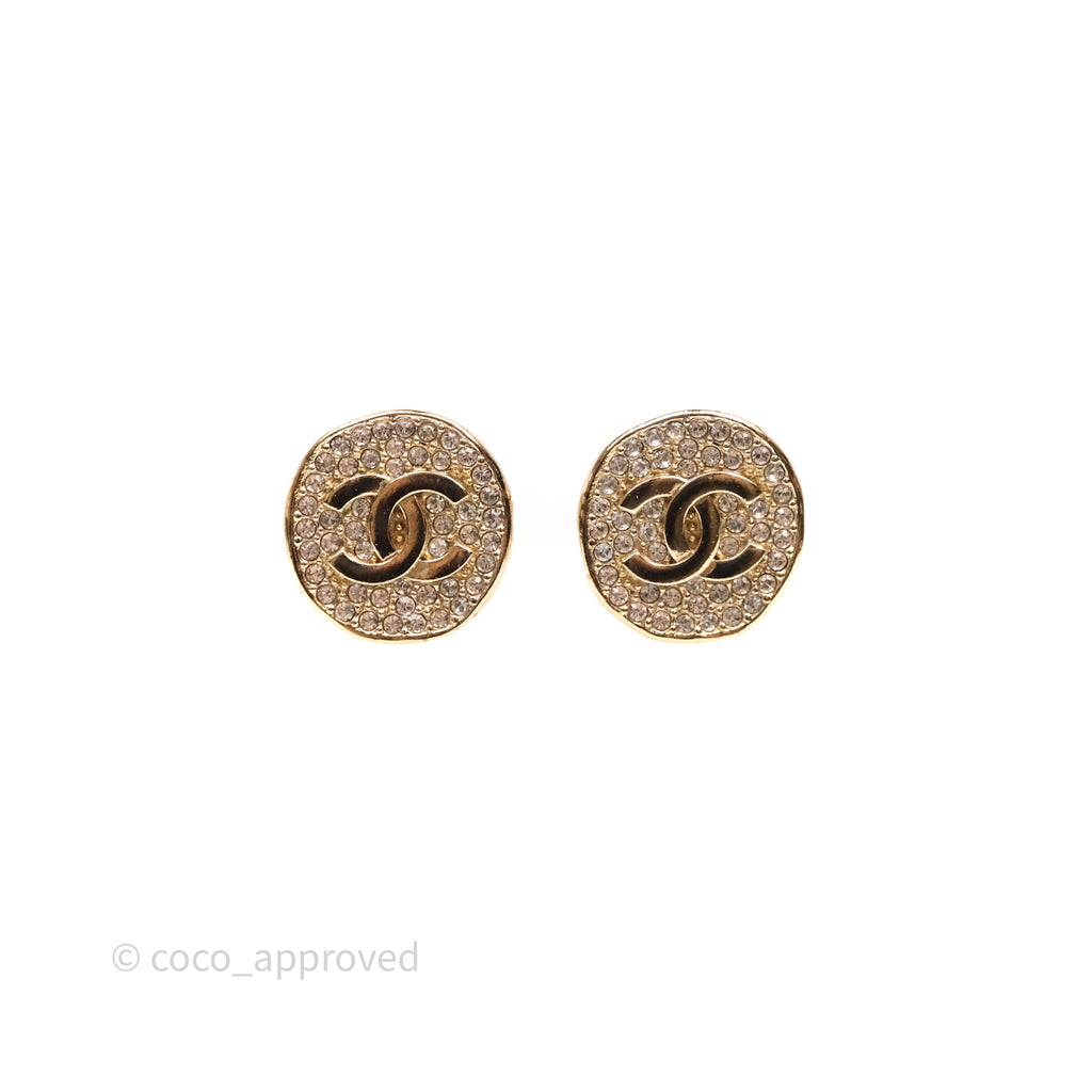 Chanel CC Crystals Round Earrings Gold Tone 21K