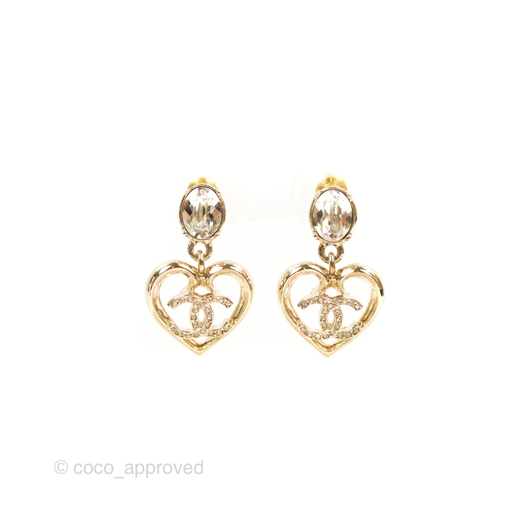 Chanel Pink Crystal Heart CC Earrings Gold Tone 23P
