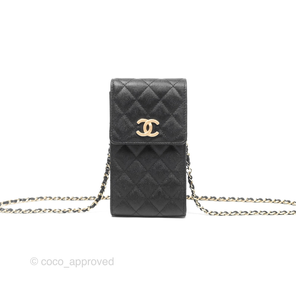 Chanel Phone Holder Quilted Black Caviar Gold Hardware