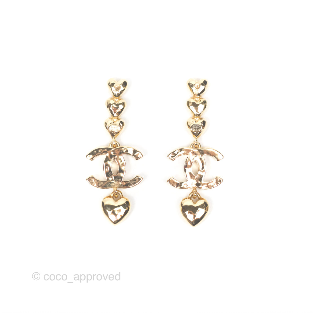 Chanel Crystal CC Heart Drop Earrings Gold Tone 23P