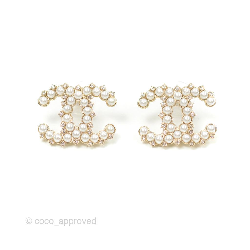 Chanel CC Crystal Pearl Earrings Gold Tone