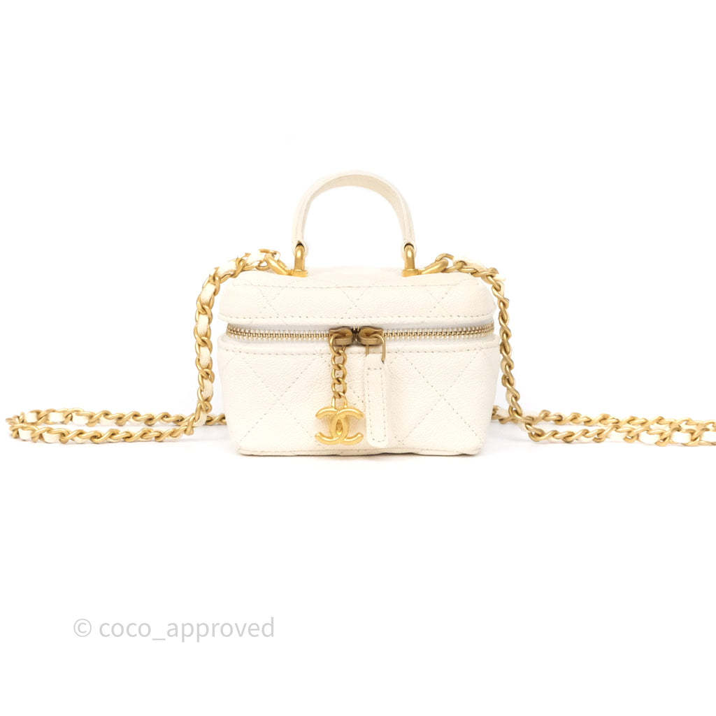 Chanel Quilted Mini Top Handle Vanity With Chain Ivory Caviar Aged Gold Hardware