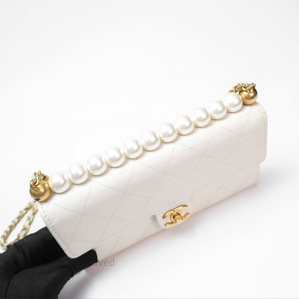 Chanel Quilted Mini Chic Pearls Flap Wallet On Chain WOC White Goatskin Aged Gold Hardware