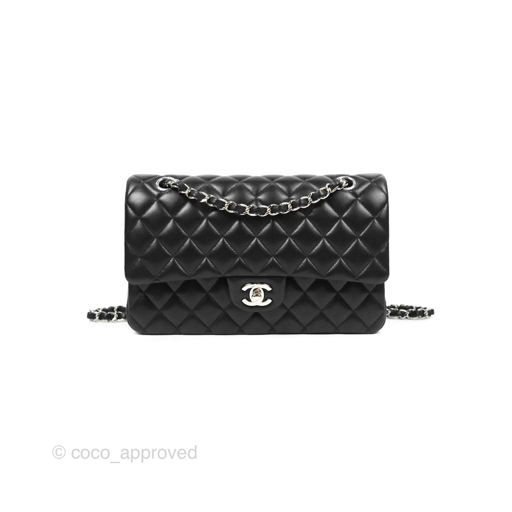 Chanel Classic M/L Medium Flap Quilted Black Lambskin Silver Hardware